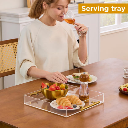 12"x16" Clear Acrylic Serving Tray with Golden Handles, Sturdy Huge Capacity Acrylic Tray for Coffee, Juice, Kitchen and Desk Organizer, Storage Tray (12"x16")