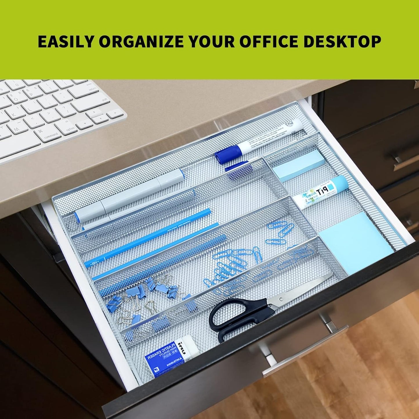 Neudeco Drawer Organizer Set 6 Pack - 5-Compartment Silverware Organizer Tray + 5 Utensil Trays, Kitchen Drawer Organizer for Flatware, Cutlery, Office Supplies, Black Mesh, Non-Slip.