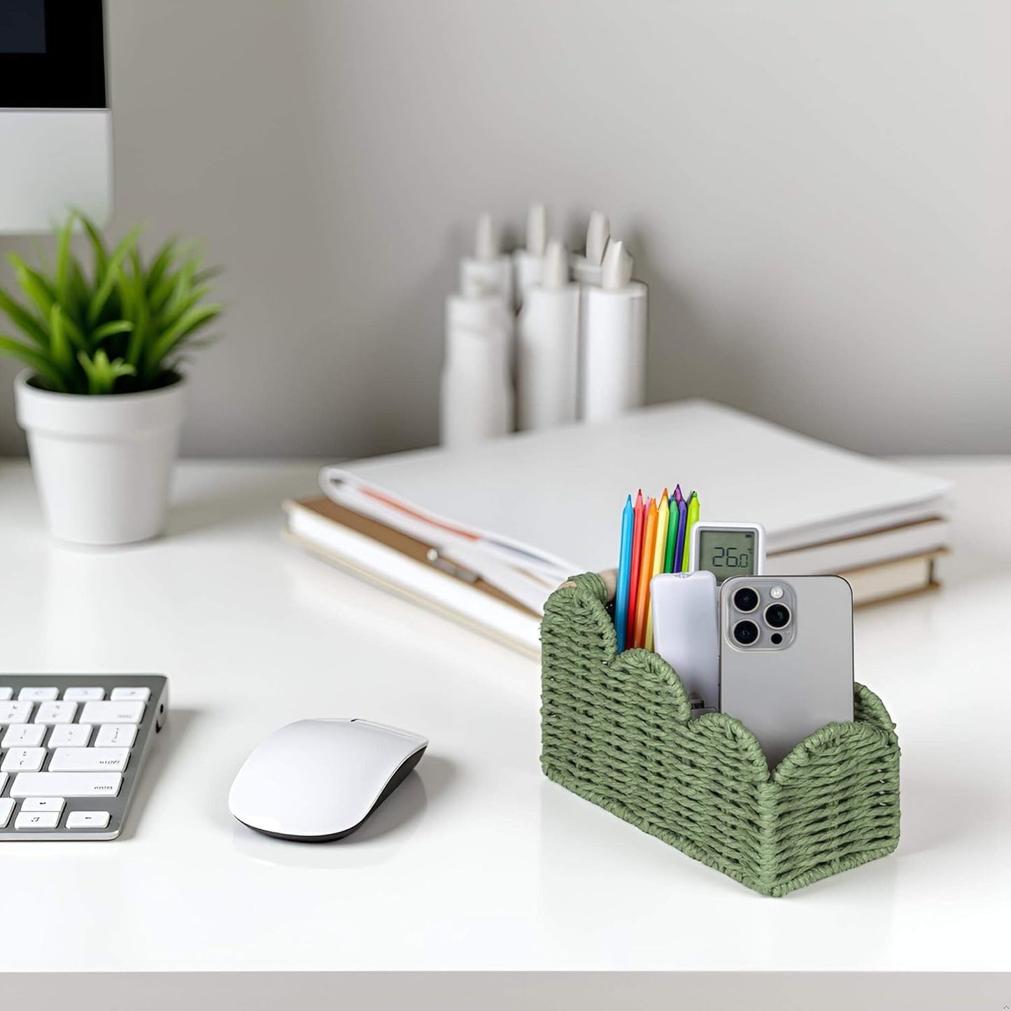 CubesLand Scalloped TV Remote Control Holder Bedside Candy Organizer, Office Desk Storage Organizer Accessories, Pen Pencil Cup, Makeup Brush Holder, Fits Farmhouse Rustic Decor, Earth Friendly, Green