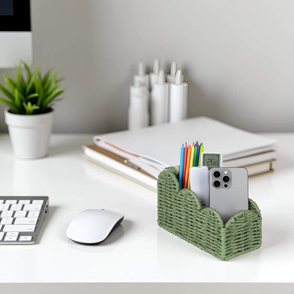 CubesLand Scalloped TV Remote Control Holder Bedside Candy Organizer, Office Desk Storage Organizer Accessories, Pen Pencil Cup, Makeup Brush Holder, Fits Farmhouse Rustic Decor, Earth Friendly, Green