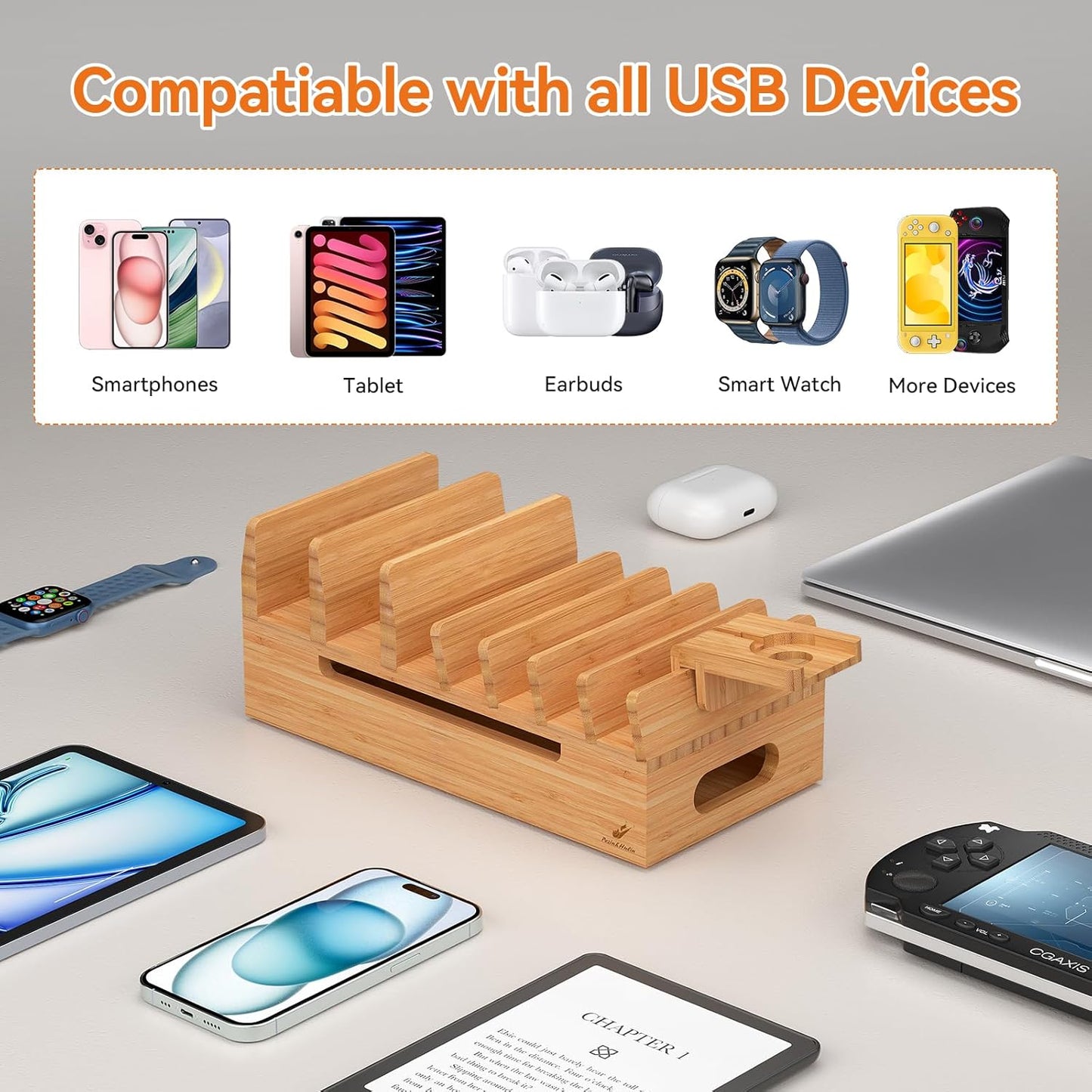 Pezin & Hulin Bamboo Charging Station for Multiple Devices with 5 Port USB Charger, 5 Cables and Watch Stand. Wood Desktop Docking Stations Organizer for Cell Phone, Tablet, Watch, Office Accessories