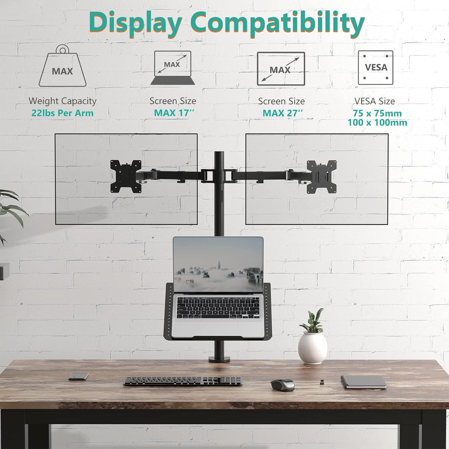 WALI Single Arm Laptop and Monitor Desk Mount for 17" Notebook and Up to 32" Screen, 2-in-1 Adjustable Monitor Arm with Laptop Tray, VESA 75x75 100x100,Holds 22-26.4 lbs, Black (GSMP001NLP)