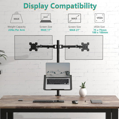 WALI Single Arm Laptop and Monitor Desk Mount for 17" Notebook and Up to 32" Screen, 2-in-1 Adjustable Monitor Arm with Laptop Tray, VESA 75x75 100x100,Holds 22-26.4 lbs, Black (GSMP001NLP)