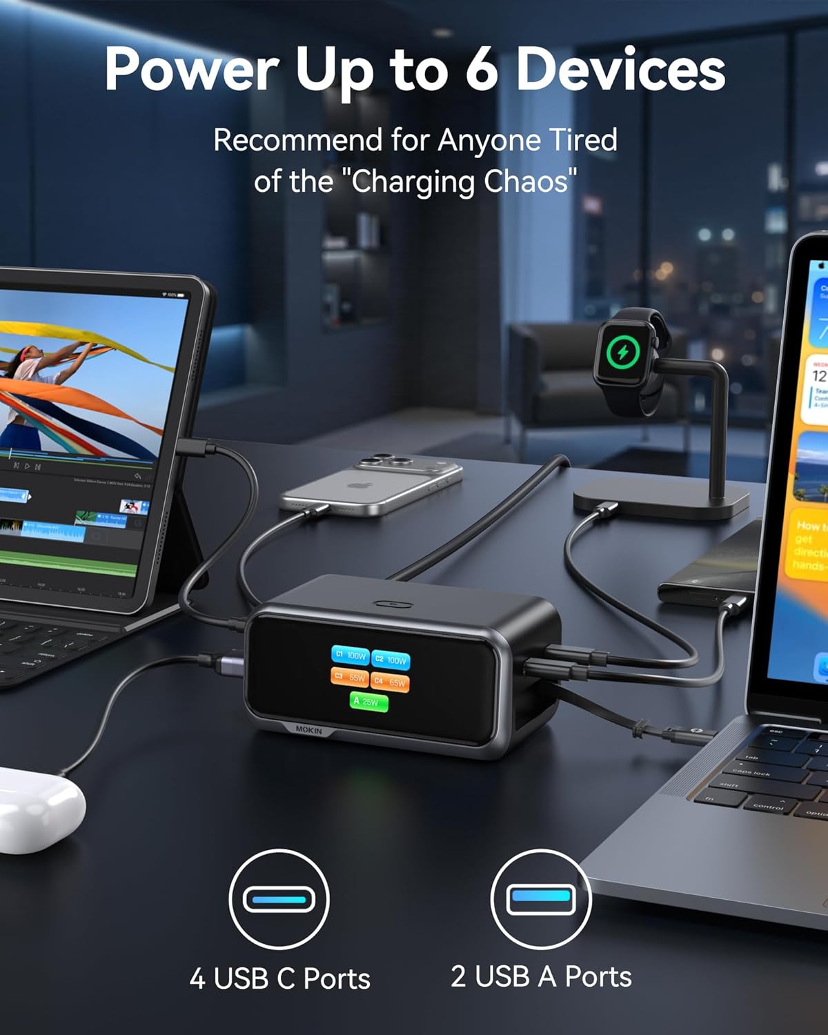MOKiN 200W Charging Station, 6-Port GaN Fast Desktop Charger with Smart Display and Retractable Cable, Charging Station for iPhone, Galaxy,MacBook, Dell and Gaming Desk Accessorie