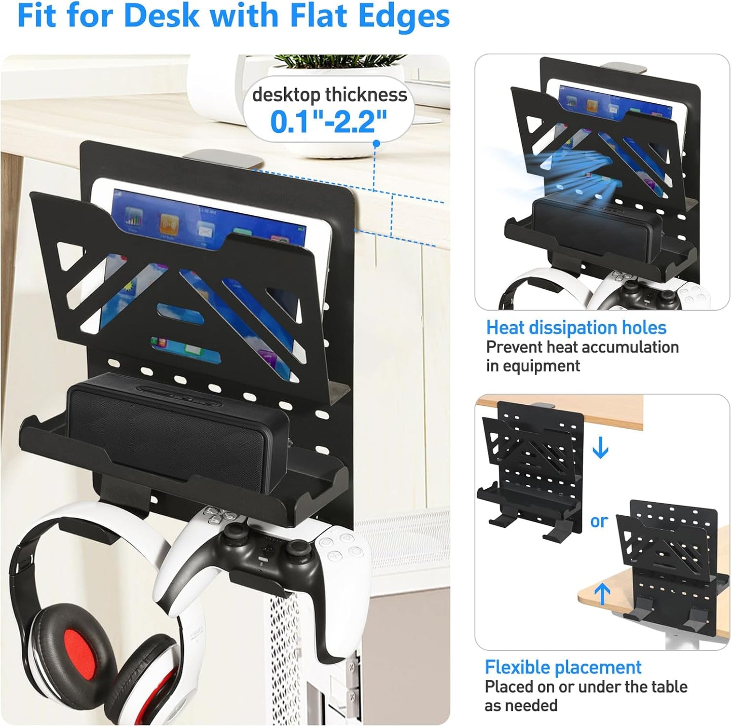 MAXECHO Desk Side Storage, Under Desk Laptop Mount, Table Side Hanging File Organizer, No Drill Clamp On Cable Management Tray, Laptop Holder with Magnetic Pen Holder for Office and Home, Load 22 Lbs