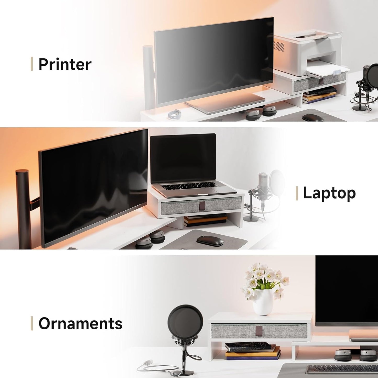Fenge Computer Monitor Riser Stand with Drawer for 2 or 3 Monitors ,Adjustable Length and Angle Desktop Laptop Stand,Office Organizer,Printer,Black