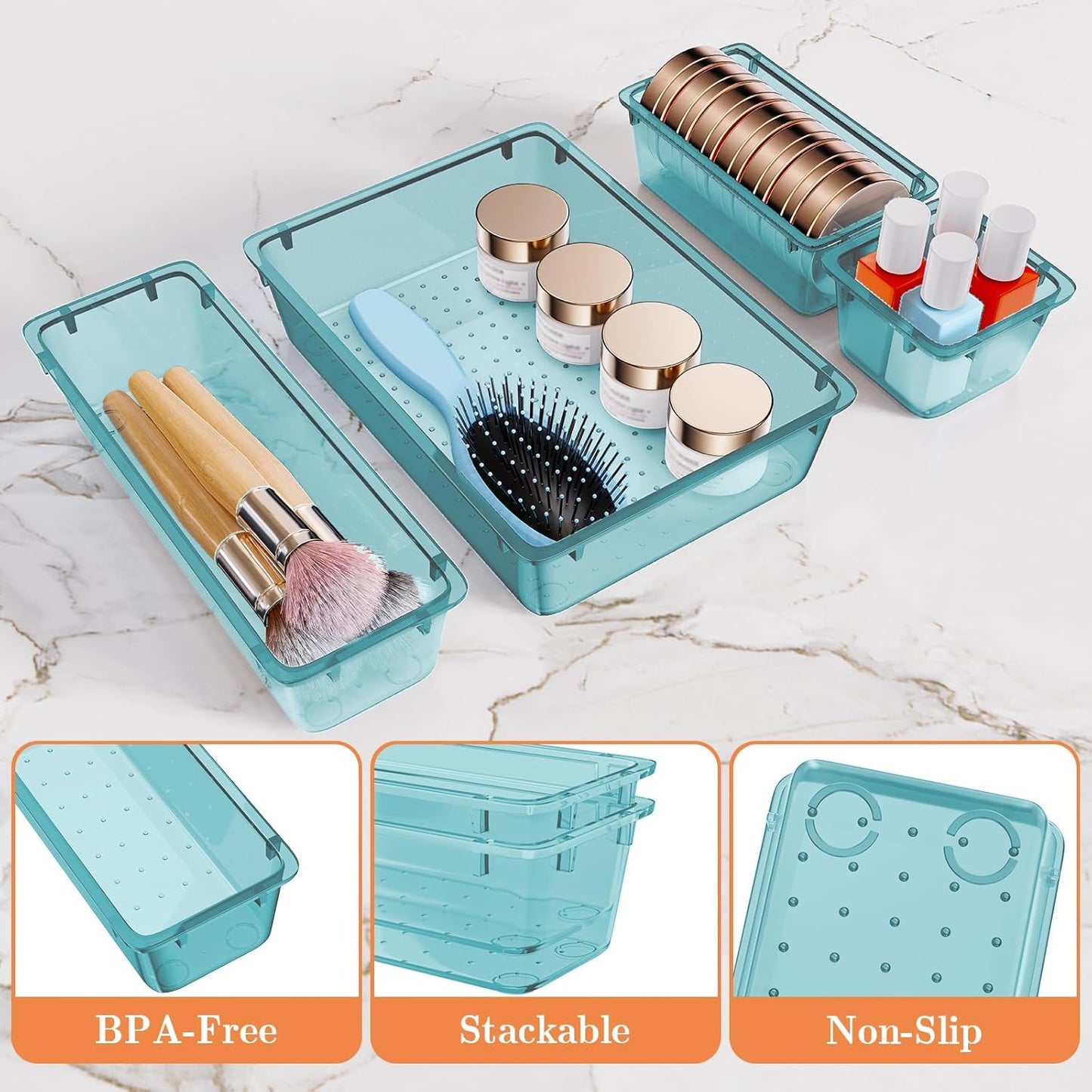 SpaceHacks 25 PCS Plastic Drawer Organizer Set, 4-Size Versatile Organizer Tool Trays & storage Bins for Makeup, Jewelry, and Gadgets in Bathroom, Bedroom and Office,Clear Black