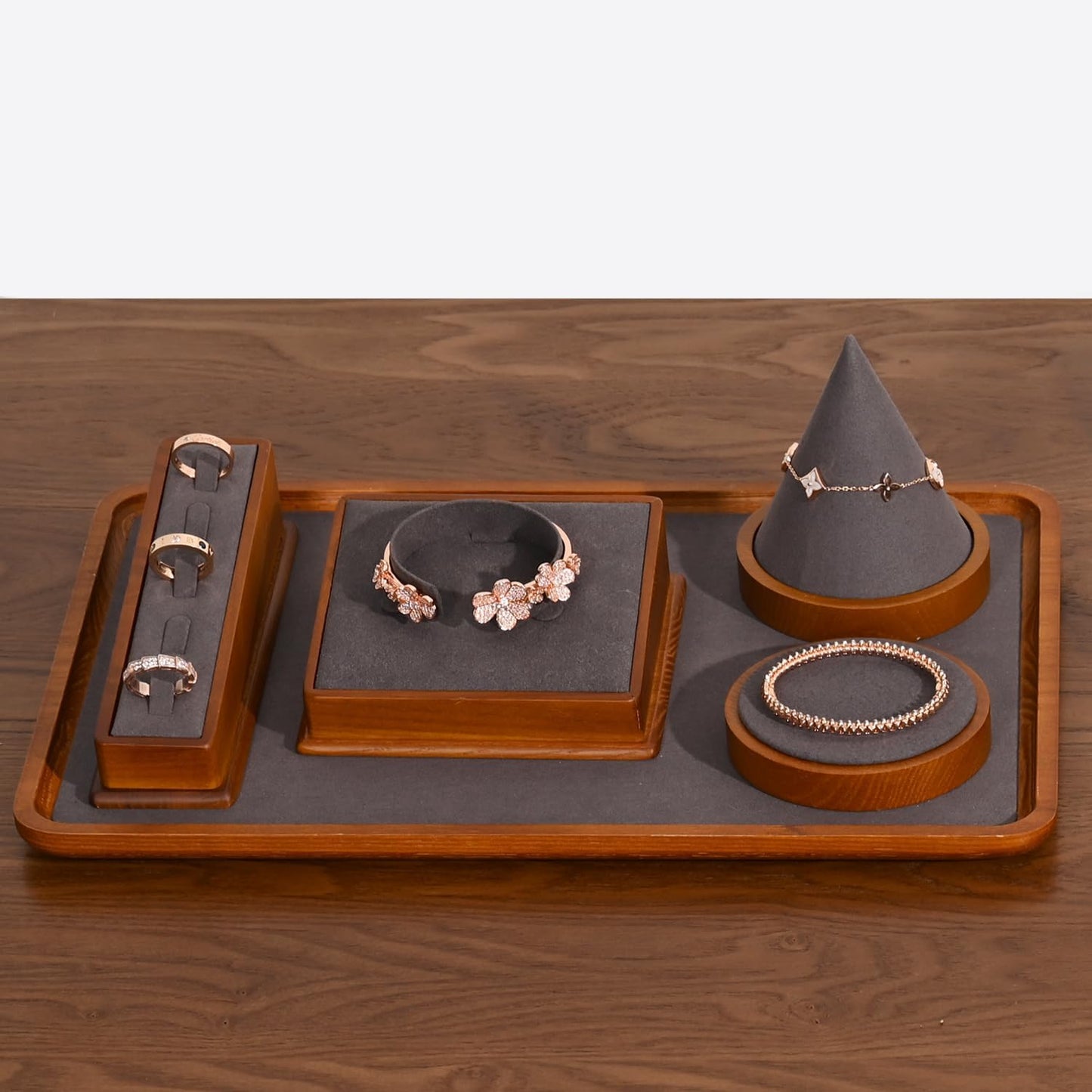 Oirlv Solid Wood Jewelry Display Tray Small Jewelry Tray Rings Earrings Bracelets Necklace Holder Organizer(Rectangle, Grey)