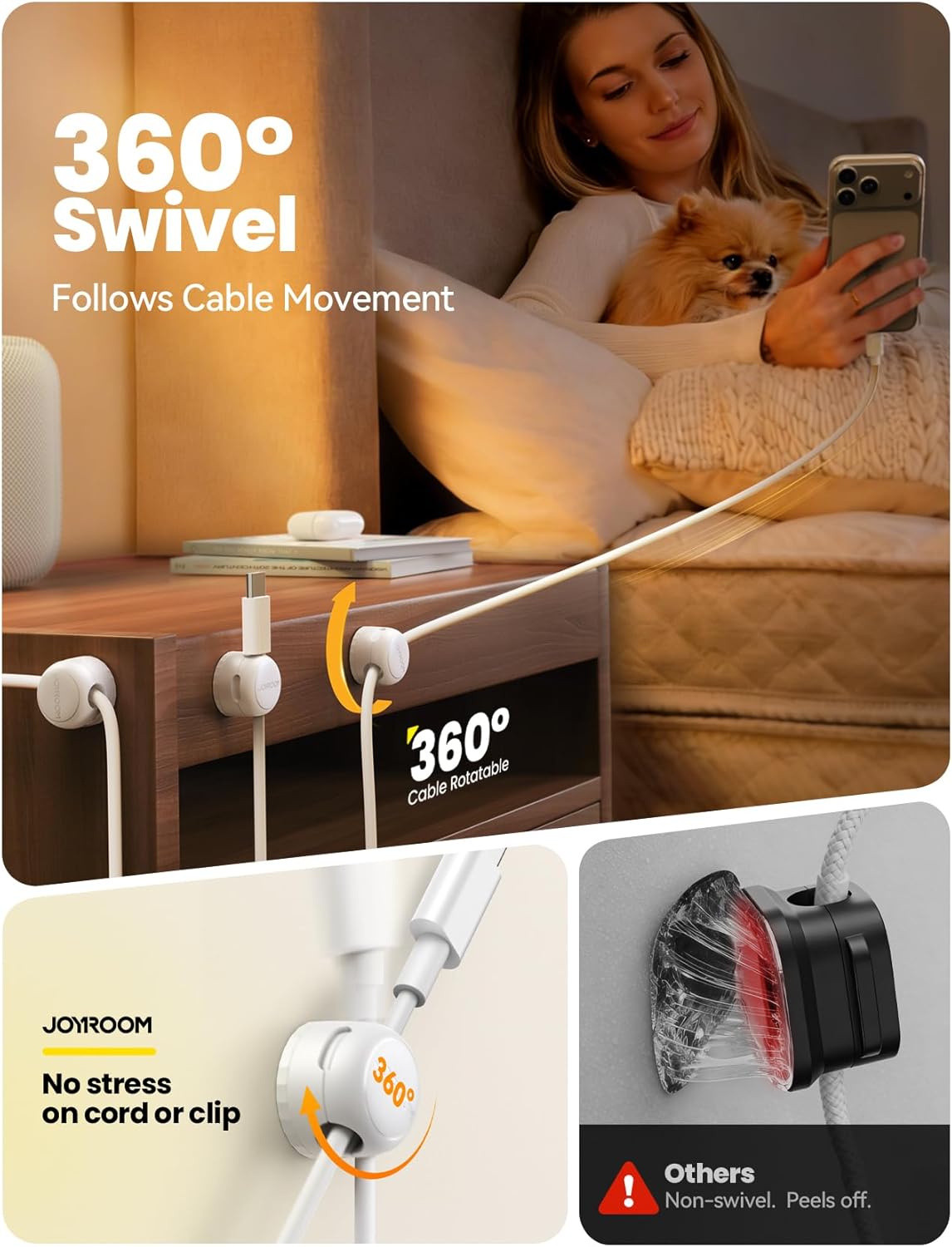 8-Pack JOYROOM Magnetic Cable Clips Organizer [Cord 360° Rotatable] Wire Keeper Holder with Strong Adhesive, Nightstand Desk Cable Management Phone Charger Holder for Car Wall Home Office Accessories