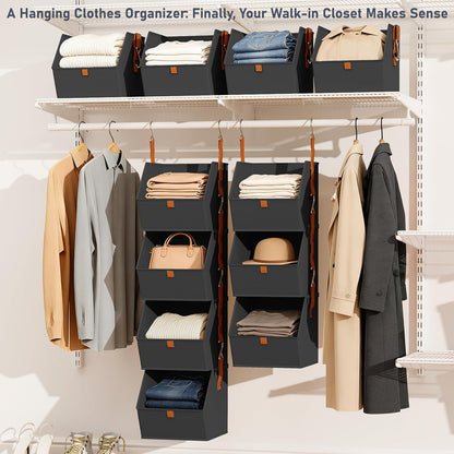 DIMJ Hanging Closet Organizer - 4 Tier Collapsible Hanging Shelves with Hooks Zipper, Fabric Clothes Organizer, Space-Saving Storage Bin Basket for RV, Bedroom, Laundry Organization