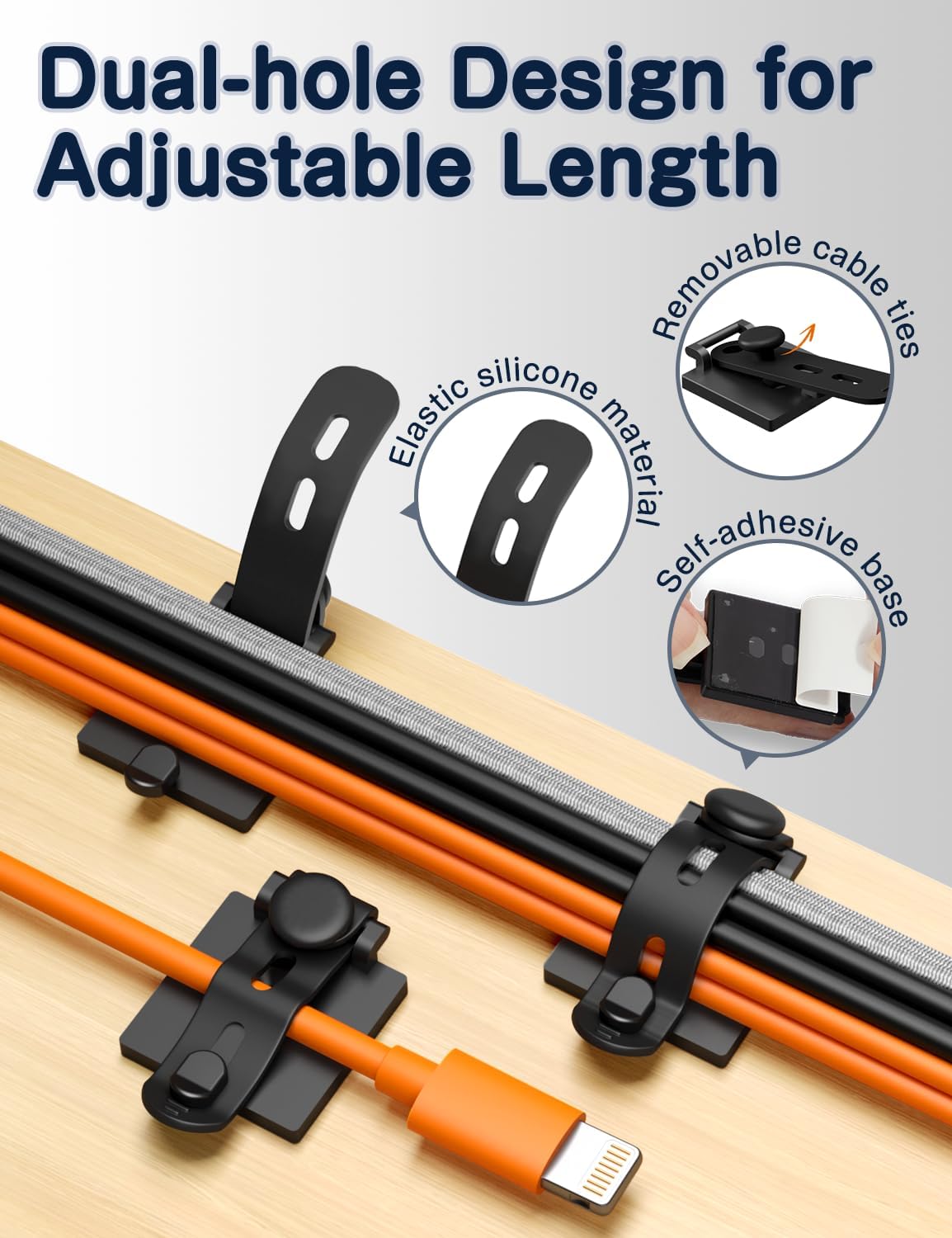 Viaky Under Desk Cable Management, 10-Pack Adjustable Adhesive Cable Clips with Silicone Straps, Multi-Purpose Wire Cord Organizers for PC, TV and Office Desk
