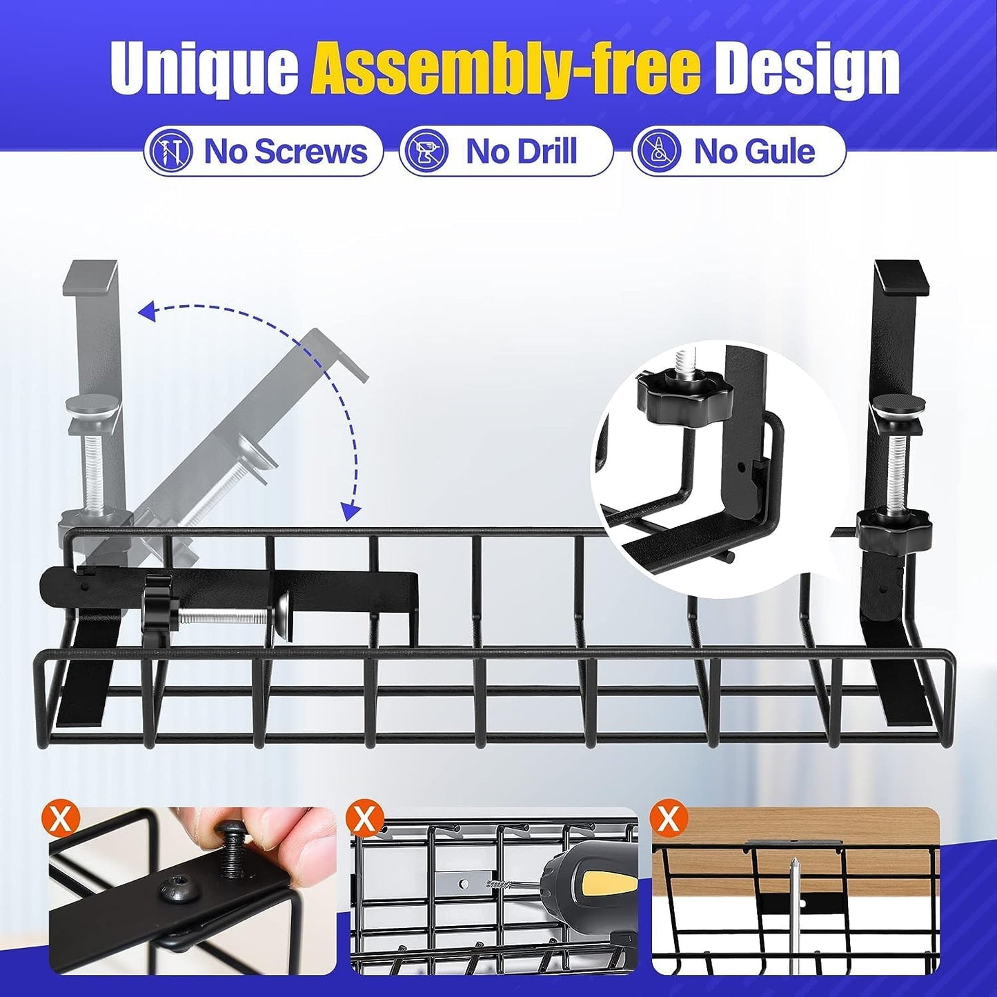 Under Desk Cable Management Tray, Xpatee Upgraded Wire Management No Drill No Screws, Cable Tray with Clamp for Wire Organizers, Computer Cord Rack for Office, Home - No Damage to Desk White