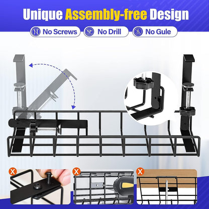 Under Desk Cable Management Tray, Xpatee Upgraded Wire Management No Drill No Screws, Cable Tray with Clamp for Wire Organizers, Computer Cord Rack for Office, Home - No Damage to Desk White