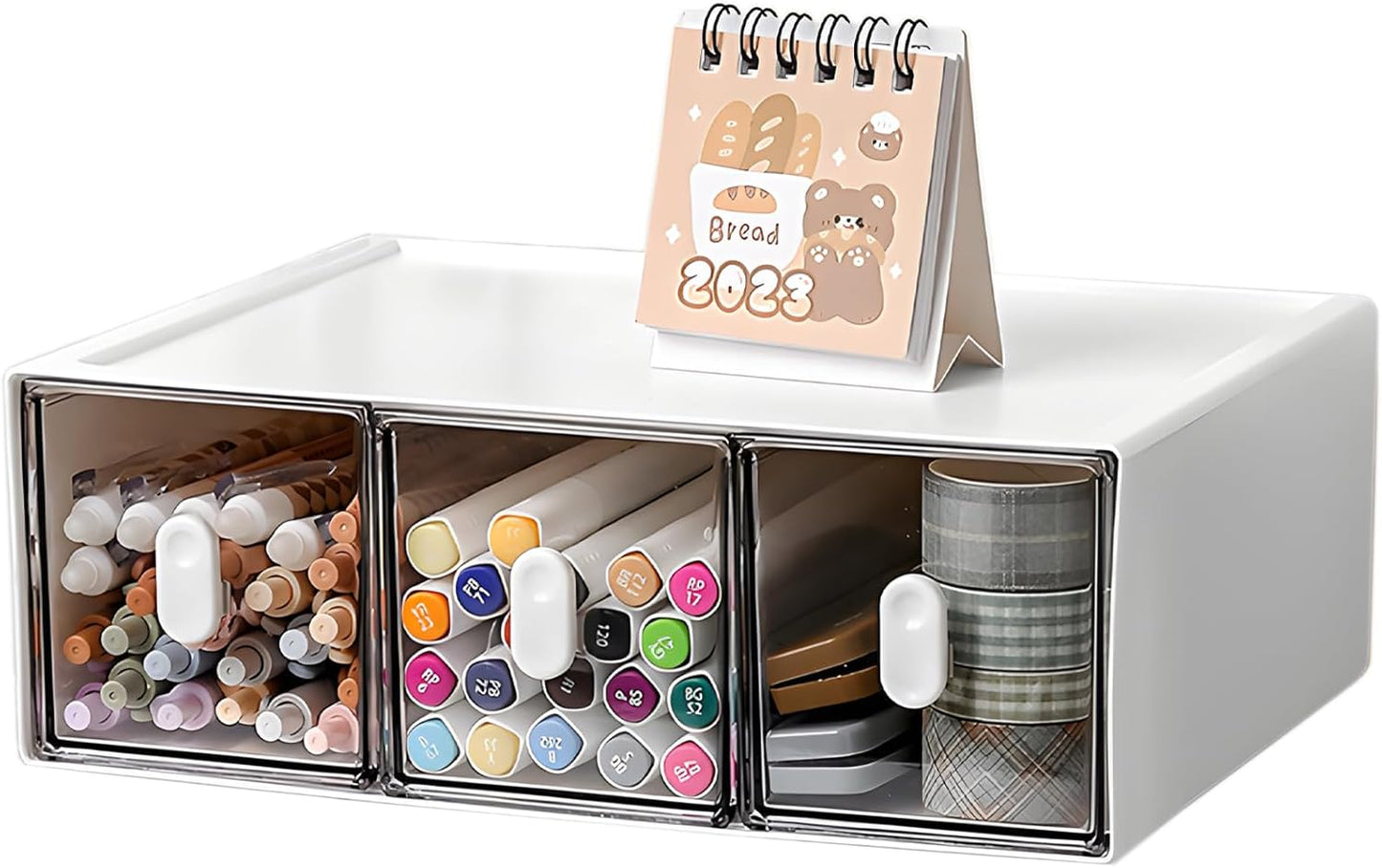 Desktop Storage Drawers, Plastic Desk Organizer with 3 Drawers, Modular Stackable Toolbox Units for Office Stationary, Makeup Container, Bathroom Countertop (1 Tall Layer, Cream & Clear)