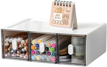 Desktop Storage Drawers, Plastic Desk Organizer with 3 Drawers, Modular Stackable Toolbox Units for Office Stationary, Makeup Container, Bathroom Countertop (1 Tall Layer, Cream & Clear)