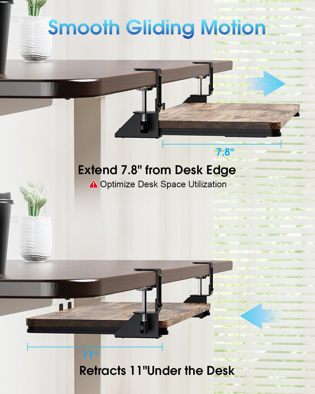 Large Keyboard Tray Under Desk, Pull Out Keyboard & Mouse Tray with Adjustable C-clamp, 25.6(31.5 Including Clamps) x 11.8 Inch Slide Out Computer Keyboard Drawer Mouse Tray for Typing, Brown
