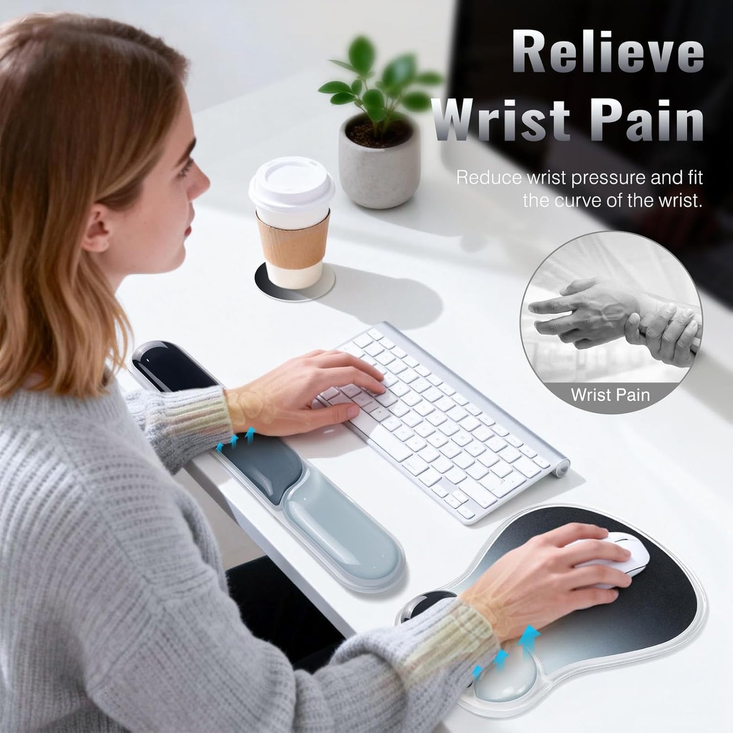 Ospelelf Mouse Pad with Wrist Rest Set Gel Ergonomic Keyboard Wrist Support Anti-Slip Rubber Bottom Office Women Desk Accessories for Computer, Laptop and Gaming, Black and Grey