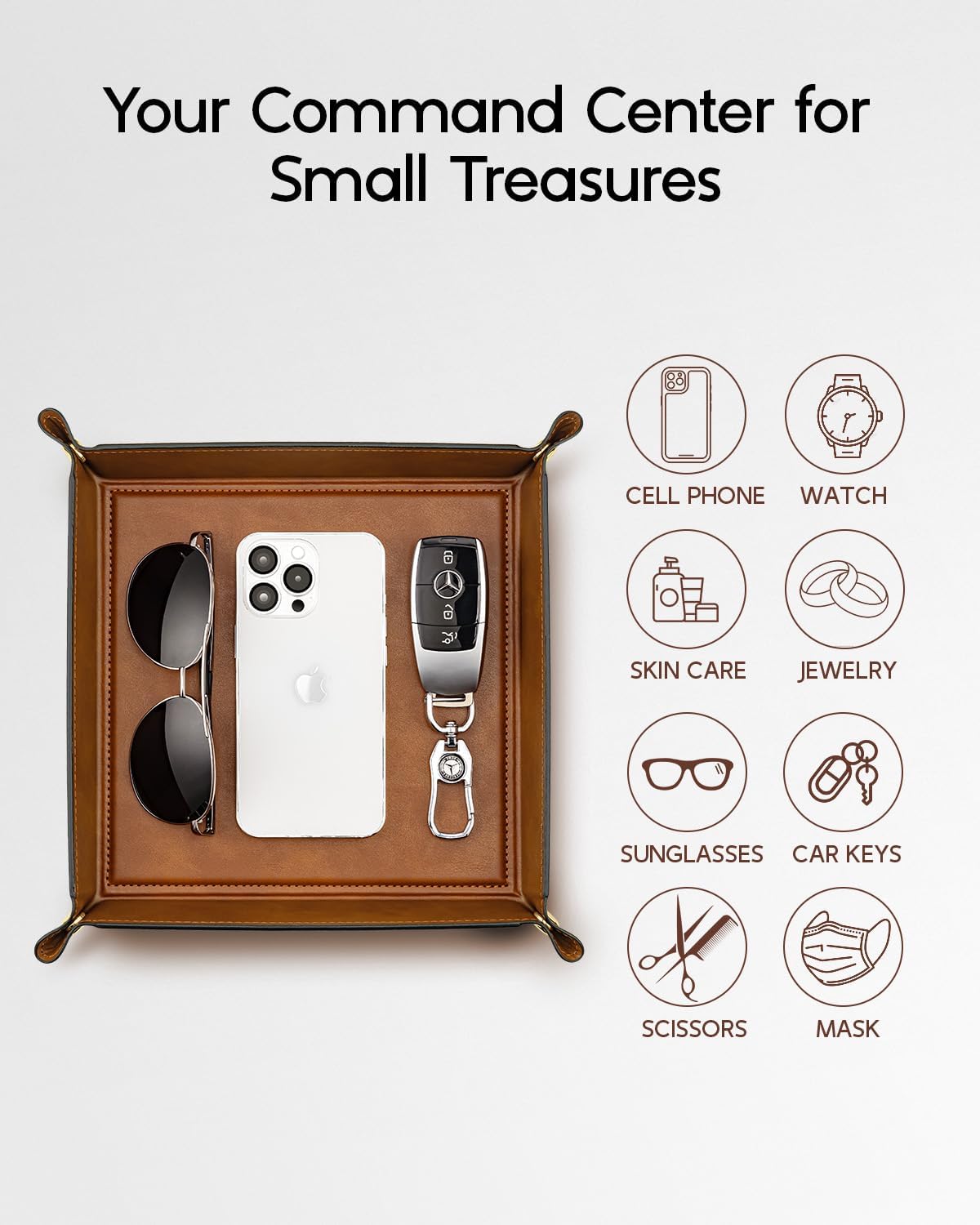 VLANDO Valet Tray for Men Women, Nightstand Organizer Vanity Catchall Holder for Dresser Desk Storage Bedside, Travel PU Leather Jewelry Key Bowl Coin Watches and Candy Entryway Tray - Large, Brown