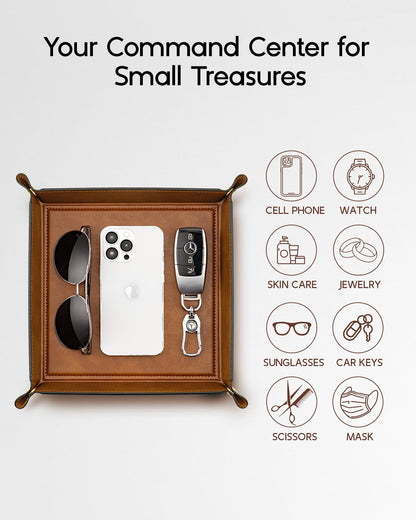VLANDO Valet Tray for Men Women, Nightstand Organizer Vanity Catchall Holder for Dresser Desk Storage Bedside, Travel PU Leather Jewelry Key Bowl Coin Watches and Candy Entryway Tray - Large, Brown