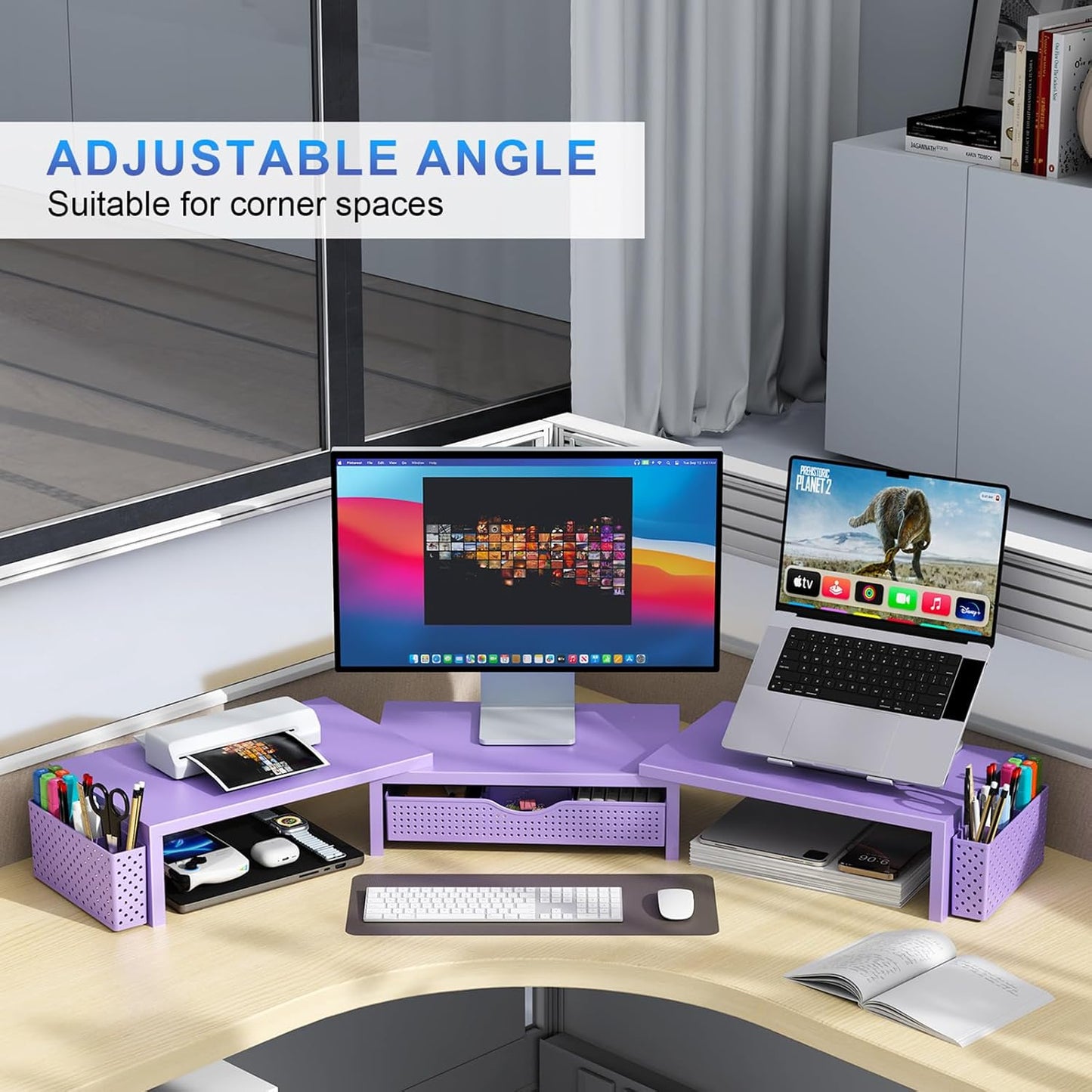 gianotter Dual Monitor Stand Riser, Desk Organizer With Drawer and 2 Pen Holders, Computer Monitor Stand, Shelf for Top of Desk, Black