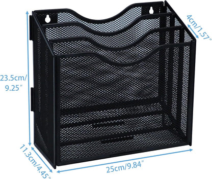 Metal Desktop File Organizer with 3 Vertical Compartments Wall Mounted Mail Paper Document Folder Holder Magazine Storage Rack for Home Office Classroom,Black