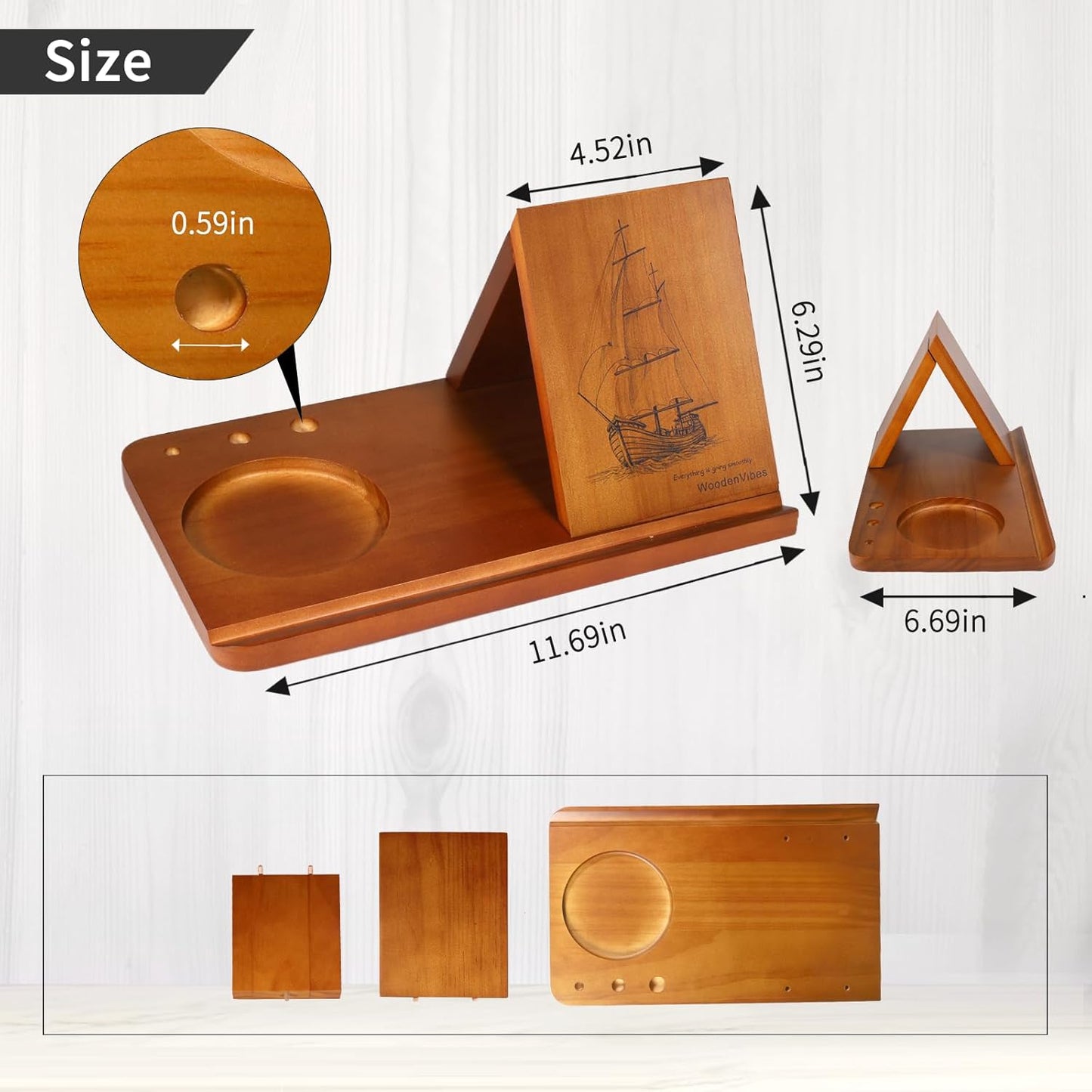 Wood Desktop Book Stand for Reading Rest Birthday and Mothers Day Gifts, Book Page Holder Thumb Bookmark,Magnet Couple Photo or Note, Book Accessories, Triangle Book Nook with Cup for Book Lovers