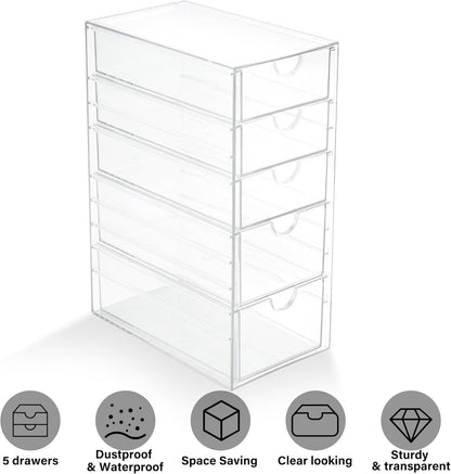 Prsildan Acrylic Makeup Organizer, 2 Pack Stackable Storage Drawers with 6 Drawers for Office Desk Vanity Craft Room Clear Drawer Organizers for Hair Accessories Art Supplies Cosmetics Modular System