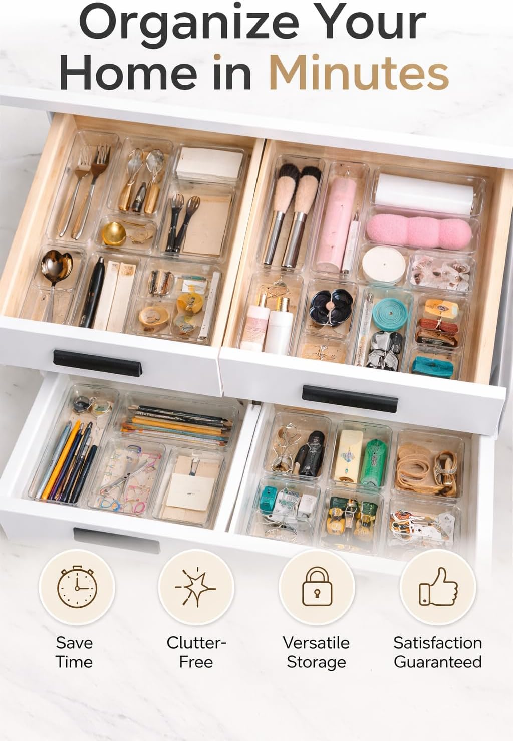 Bathroom Drawer Organizer Trays 13 Piece Clear Drawer Organizer Set, Plastic Organizer Bins for Bathroom, Makeup, Kitchen & Office, Modular In-Drawer Storage System