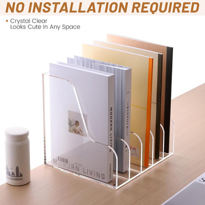 SANRUI Acrylic File Organizer, Clear Magazine File Holder Desk Organizer for Office Organization and Storage with 5 Vertical Compartments, Desktop Bookshelf for Home Office Organization
