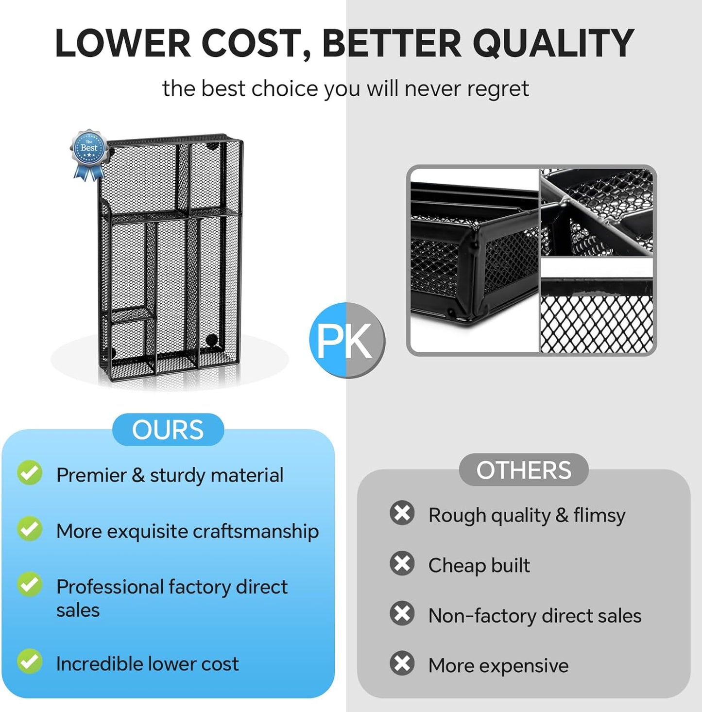 Desk Drawer Organizer, Office Drawer Divider Organizer Tray with 6 Compartments, Metal Mesh Desktop Organization and Accessories for Stationery Makeup Kitchen Toolroom School ＆Office, 12.6x8.27x1.6 in