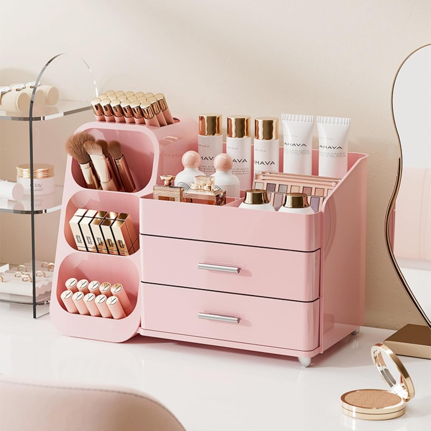 Booklov Makeup Organizer for Vanity, Countertop Cosmetic Display Case with Clear Acrylic Drawers, Bathroom Counter Beauty Caddy, Cute Table Storage Holder for Skincare, Brush Lipsticks, Crystal White