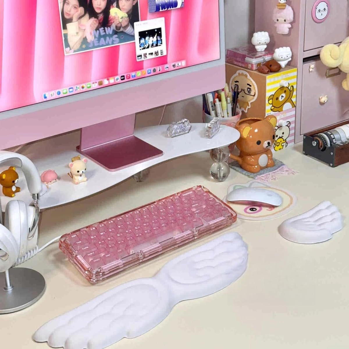Angel Wing Wrist Rest Ergonomic Memory Foam Wrist Rest for Computer Keyboard Mouse Set with Cup Mat, Cute Gaming Keyboard Cushion Hand Support PU Leather Surface Anti-Slip Waterproof（White）