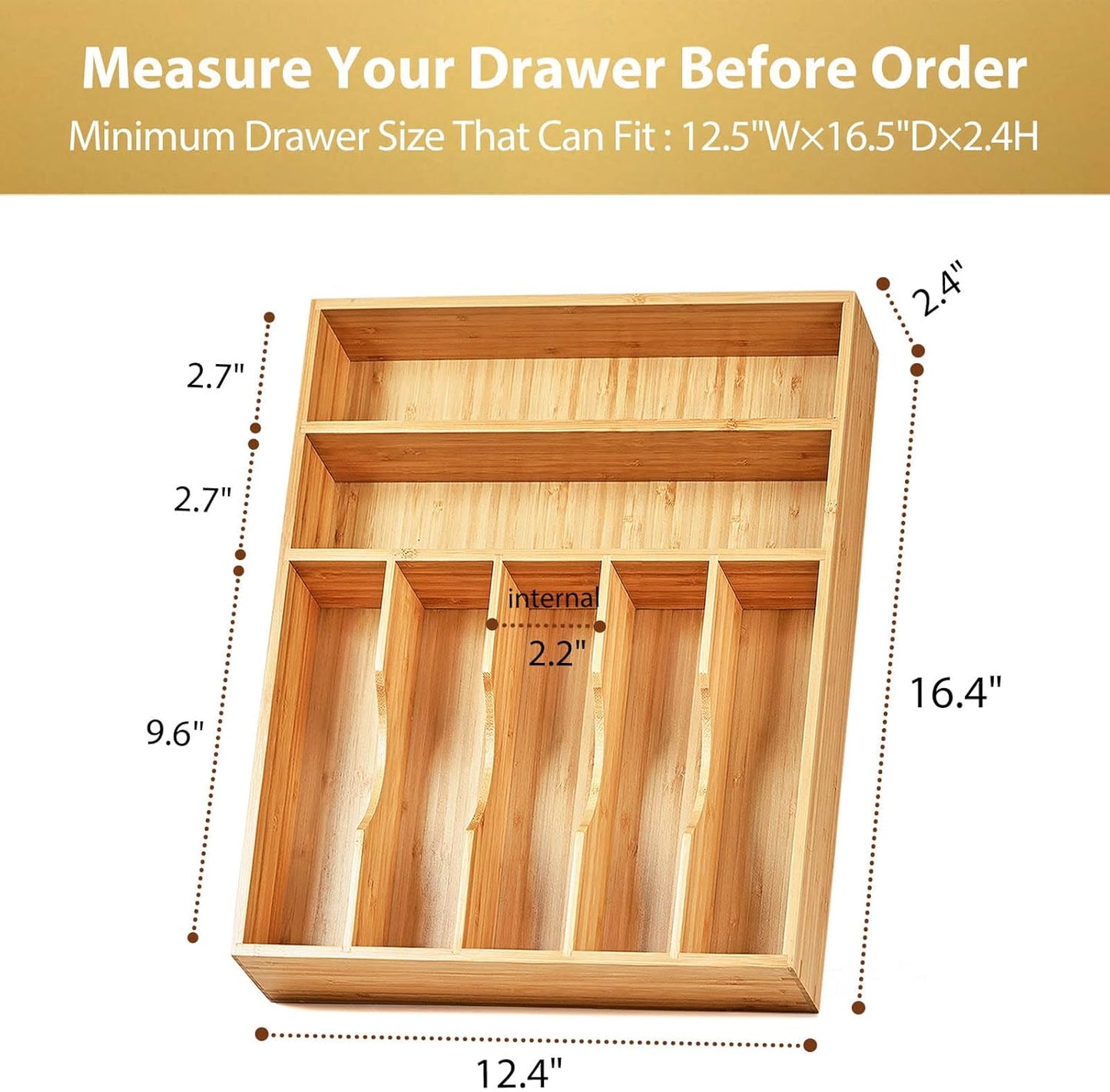 Umilife Bamboo Kitchen Drawer Organizer, 13 Inch Silverware Utensil Tray Holder, Extra Deep Grooved Drawer Divider, 7 Slots Total Bamboo Wood Caddy for Flatware Cutlery Knives, Forks, Spoons