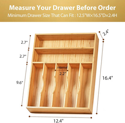 Umilife Bamboo Kitchen Drawer Organizer, 13 Inch Silverware Utensil Tray Holder, Extra Deep Grooved Drawer Divider, 7 Slots Total Bamboo Wood Caddy for Flatware Cutlery Knives, Forks, Spoons
