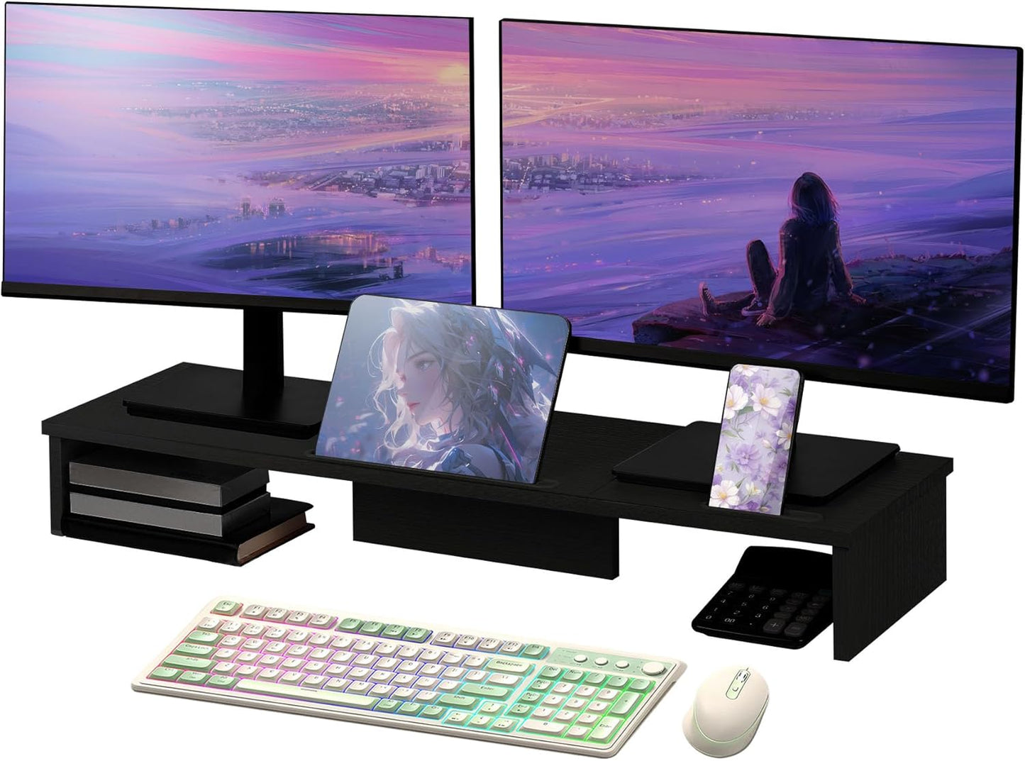 Qupui Computer Monitor Stand Riser with Drawer and Pen Holders, Desk Organizer Shelf and Accessories, Office Desk Accessories, Office Organization, Black