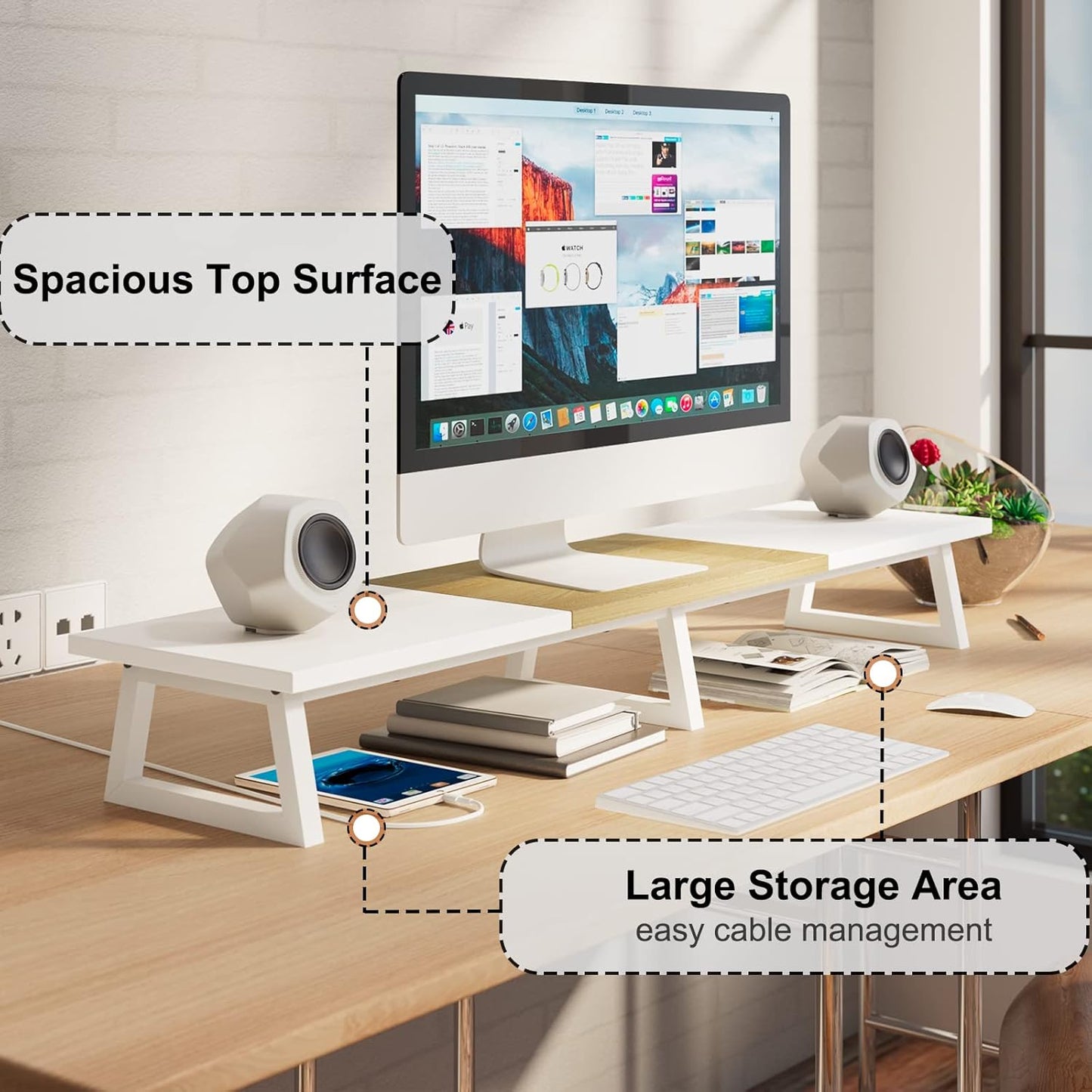 TEAMIX 42 inch Large [Dual] [Monitor] [Riser],Rustic Brown Extra Long TV [Stand Wood & Steel Desktop [Riser] with Storage for [Dual] Screen Office Desk Organization