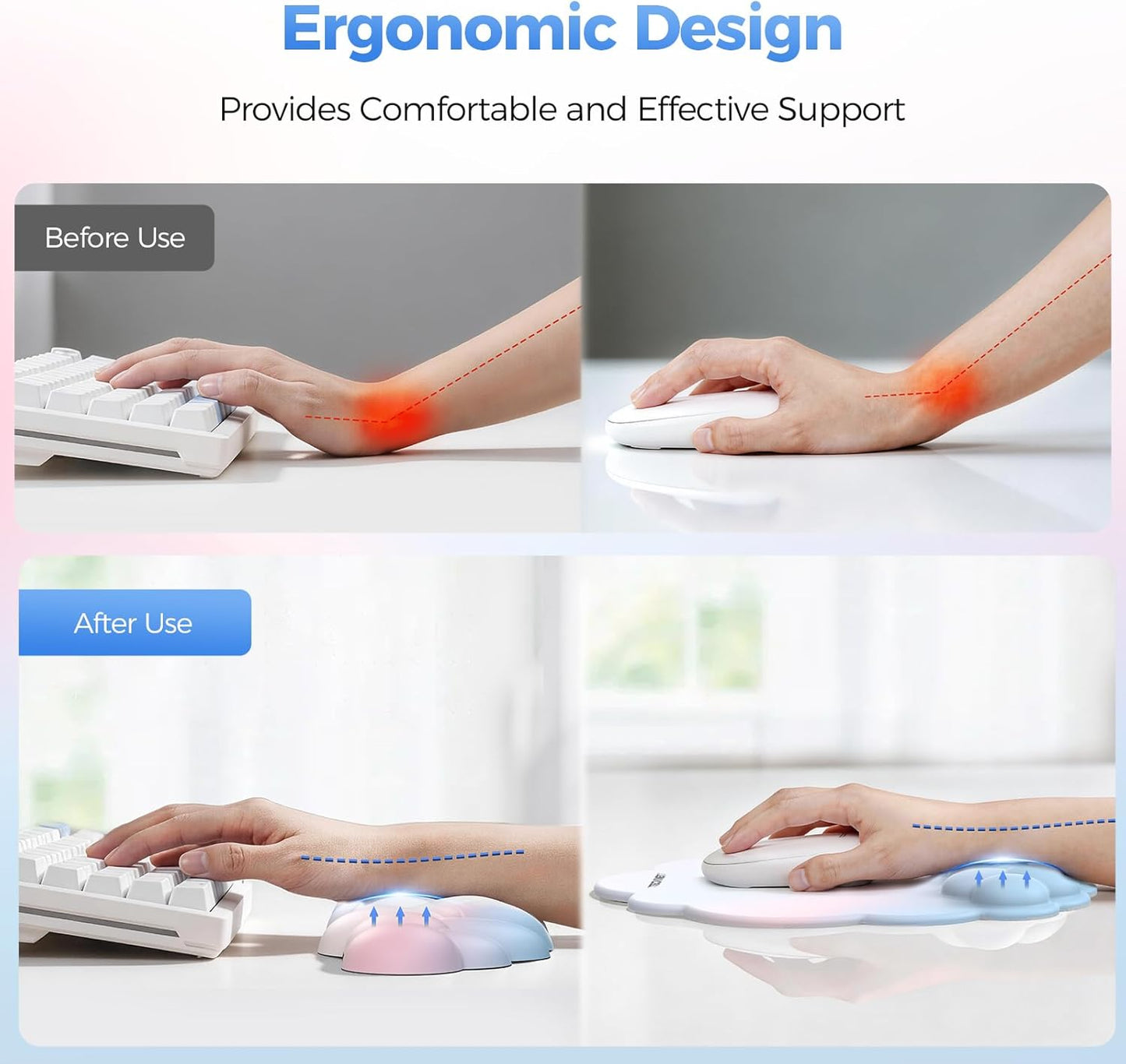 TECKNET Cloud Mouse Pad with Wrist Rest, Ergonomic Cloud Wrist Rest with Non-Slip Base, PU Leather Memory Foam Mouse Pad Wrist Support for Keyboard and Mouse, Pain Relief for Typing, Gaming, White