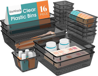 StorMiracle 16 PCS Drawer Organizer Set, 5 Varied Size Bathroom and kitchen Drawer cabinet organizer Trays, Clear Storage Bins for Makeup, Jewelry, Utensils and Gadgets