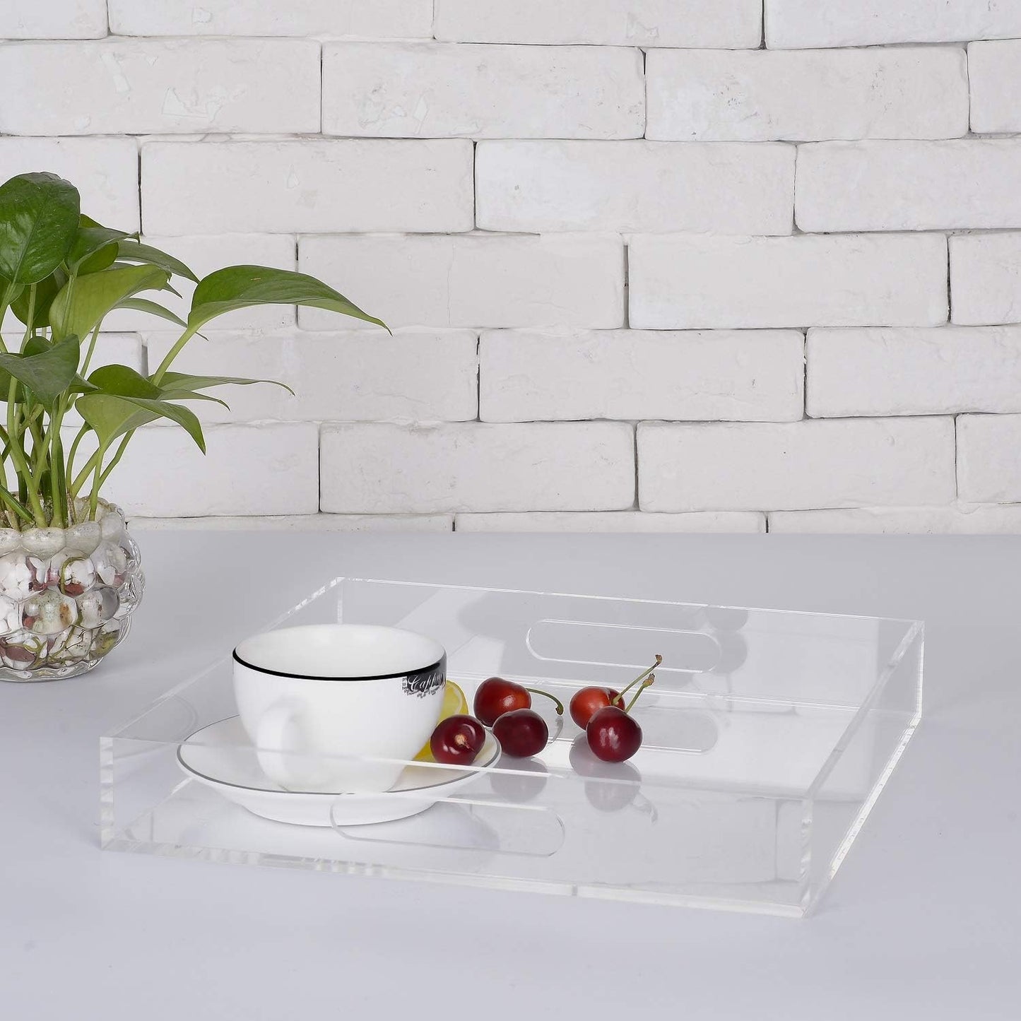 KEVLANG Clear Sturdy Acrylic Serving Tray with Handles-12x16Inch-Serving Coffee,Appetizer,Breakfast,Butler-Kitchen Countertop -Makeup Drawer Organizer-Vanity Table -Ottoman
