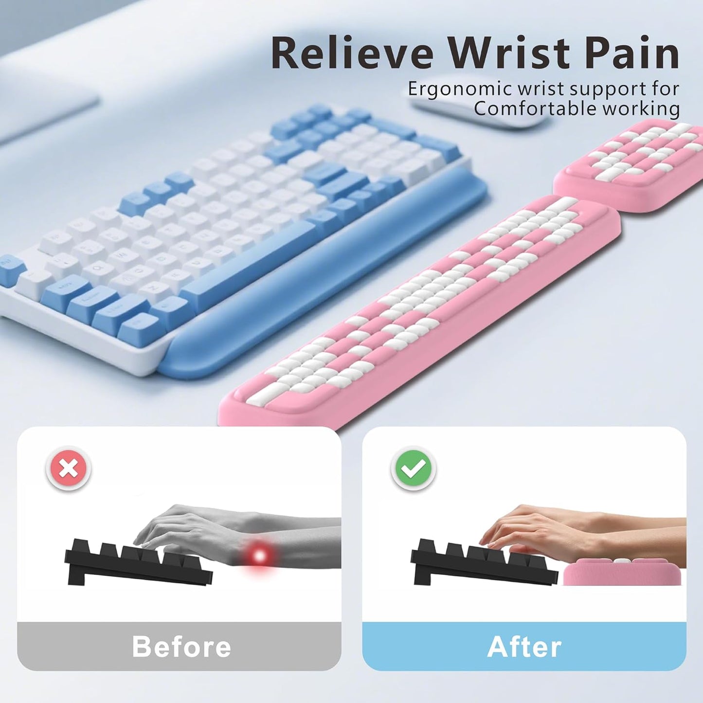 MEKASS Keyboard Wrist Rest, Ergonomic Wrist Pad, Soft Memory Foam Keyboard Hand Rest with Non-Slip Base, Easy Typing, Pain Relief, Comfort Support for Office Work Gaming Computer Accessories (Black)