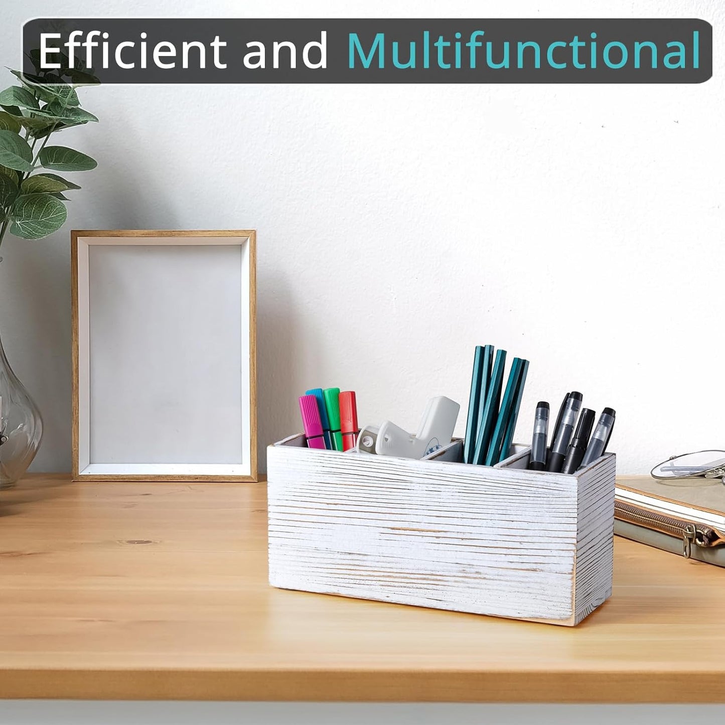 Bivvclaz Pencil Pen Holder for Desk, Acacia Wood Office Desk Organizers and Accessories with 4 Slots for Countertop, Makeup Brush Holder Organizer for Bathroom Vanity, Silverware Caddy for Party