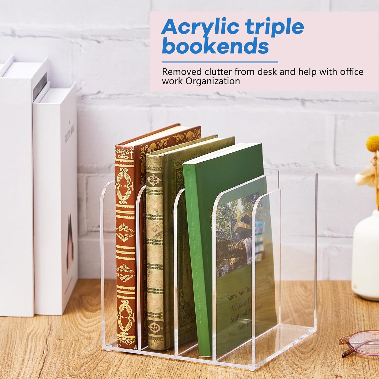 Suzile Clear Acrylic Magazine File Holder with Vertical Compartments Desk Organizer Book Rack for Desk Sorter Paper Folder Office Accessories(Clear,14.2 x 7.2 x 6.5 Inch)