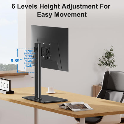 Single Monitor Stand Fits Max 32 inch Computer Screen, Free-Standing Desk Stand Hold up to 17.6lbs, Monitor Mount with Height Adjustment, Swivel, Tilt, Rotation, VESA Mount 75/100mm