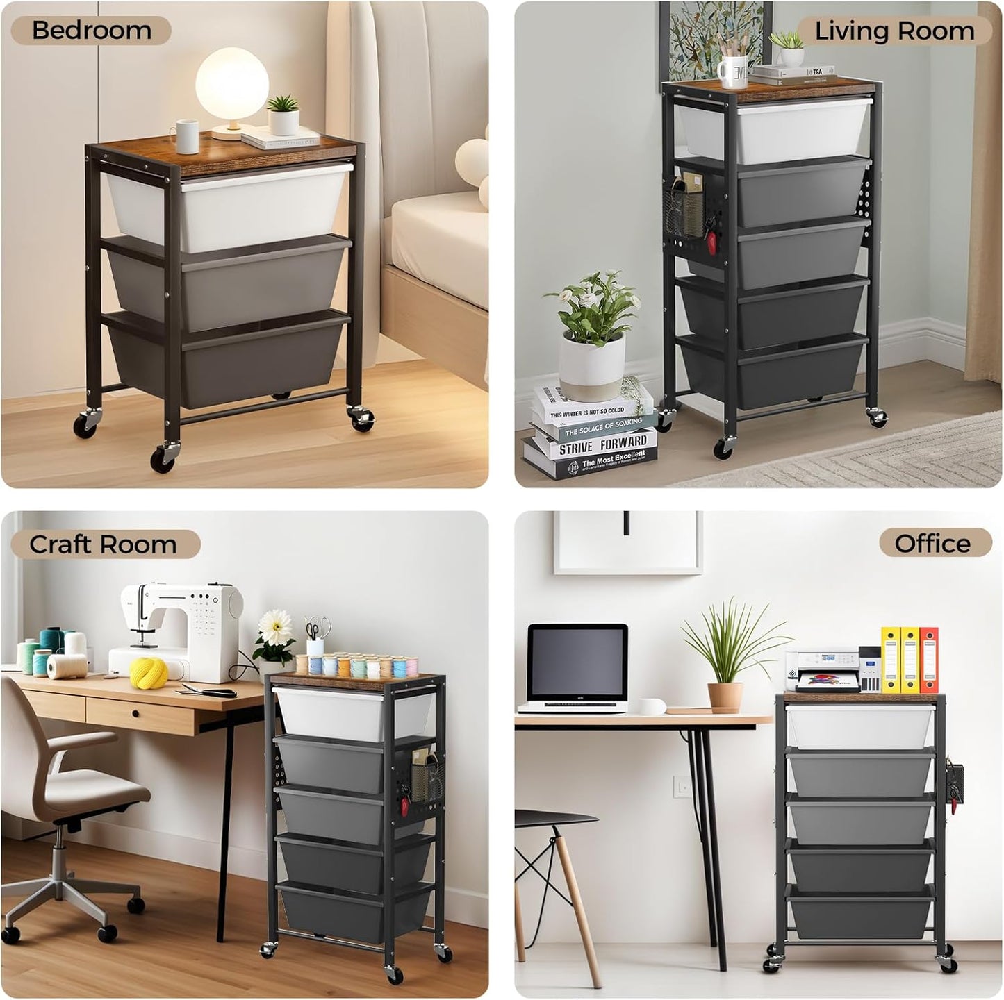 Rolling Cart with 3 Drawers, Plastic Drawer Storage Carts with Lockable Wheels & Wooden Tabletop, Metal Utility Cart Organizer, Office Bedroom Classroom Craft Organization and Storage, Bright White