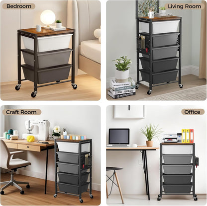 Rolling Cart with 3 Drawers, Plastic Drawer Storage Carts with Lockable Wheels & Wooden Tabletop, Metal Utility Cart Organizer, Office Bedroom Classroom Craft Organization and Storage, Bright White