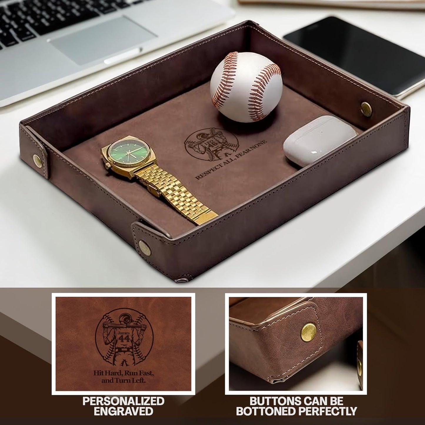Engraved Leather Valet Tray for Men – Personalized Catchall with Custom Name for Desk, Dresser, Nightstand – Men's Organizer Tray for Keys, Wallet, Jewelry, Personalized Gift for Home, Office - Coffee