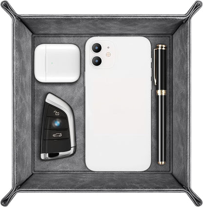 SITHON Valet Tray Desktop Storage Organizer – Premium PU Leather Catchall Bedside Vanity Tray Nightstand Caddy Holder for Keys, Phone, Wallet, Coin, Valentine's Day Gift, Brown