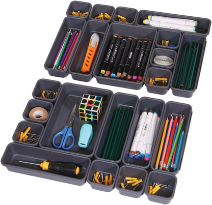 Set of 22 Interlocking Desk Drawer Organizer Tray Dividers Plastic Shallow Narrow Drawers Organizers Separators and Storage Bins Container for Kitchen Bathroom Makeup Office Vanity Bedroom Dresser