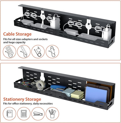 Univivi Under Desk Cable Management Tray - 32" Steel Cord Organizer, No-Drill C-Clamp & Screw Mount for Office/Home, Effortless Wire Management (Black)