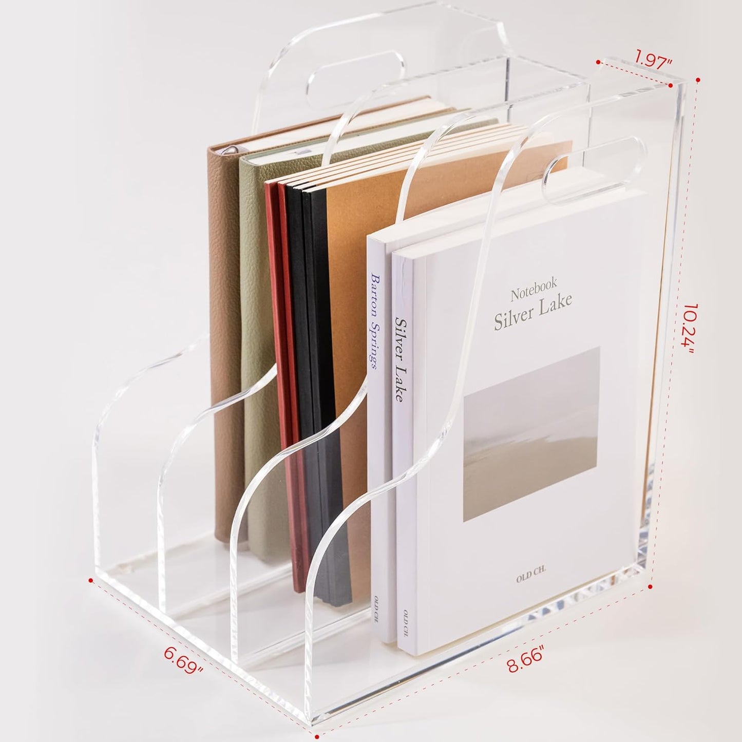 Acrylic Magazine File Holder, 4 Vertical Compartments Desk Document Sorter Organizer, Clear Folder Rack Binder for Office/Home/Classroom, for Documents, Tablet, Magazines, Books & Accessories